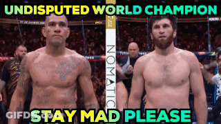Two Men Standing Next To Each Other With The Words " Undisputed World Champion Stay Mad Please " Above Them GIF