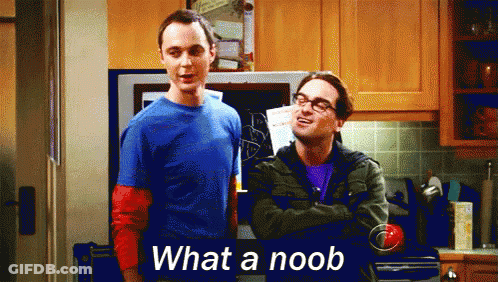 Two Men Standing Next To Each Other With The Words What A Noob On The Bottom GIF