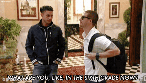 Two Men Standing Next To Each Other With The Words What Are You Like In The Sixth Grade Now Below Them GIF