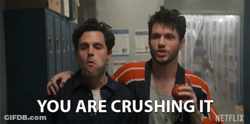 Two Men Standing Next To Each Other With The Words " You Are Crushing It " On The Screen GIF