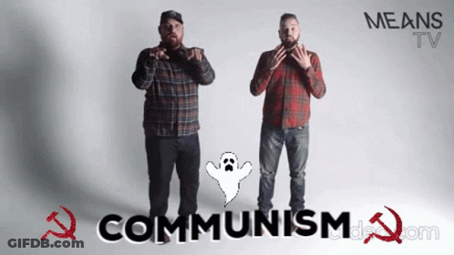 Two Men Standing Next To Ghost With Communism Behind GIF