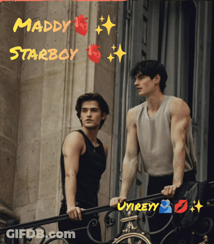 Two Men Standing On A Balcony With The Words Maddy Starboy Written On The Top GIF
