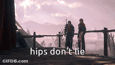 Two Men Standing On A Bridge With The Words " Hips Don 'T Lie " On The Bottom GIF