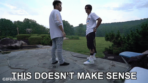 Two Men Standing On A Stone Patio With The Words This Does N't Make Sense GIF