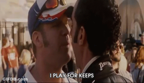 Two Men Standing, One Says I Play For Keeps GIF