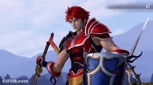 Two Men Standing: Red Shirt And Blue Suit GIF