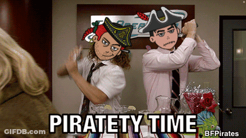 Two Men Standing Together Saying Pirate Time GIF