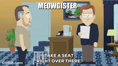 Two Men Standing With Meowgister GIF