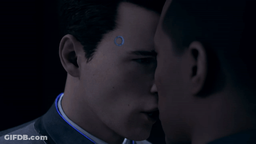 Two Men Staring At Each Other, On Back Shirt GIF