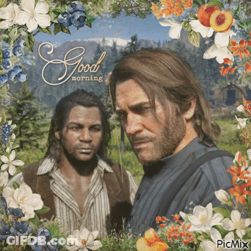 Two Men Surrounded By Flowers Saying Good Morning GIF