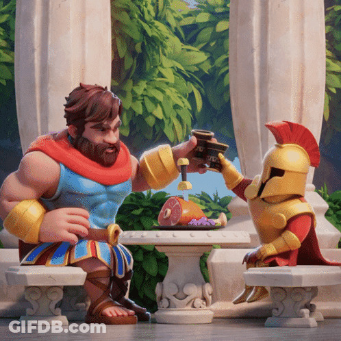 Two Men Toasting At Table One In Helmet GIF