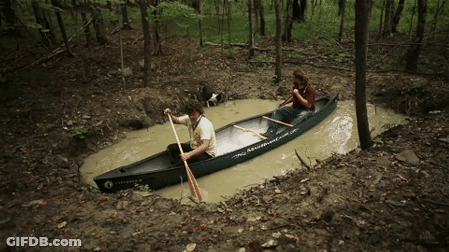 Two Men Try To Row The Boat On Pond GIF