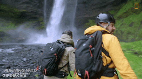 Two Men Walking By Waterfall Running Wild Bear Grylls GIF