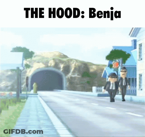 Two Men Walking Down A Street With The Words " The Hood Benja " On The Bottom GIF