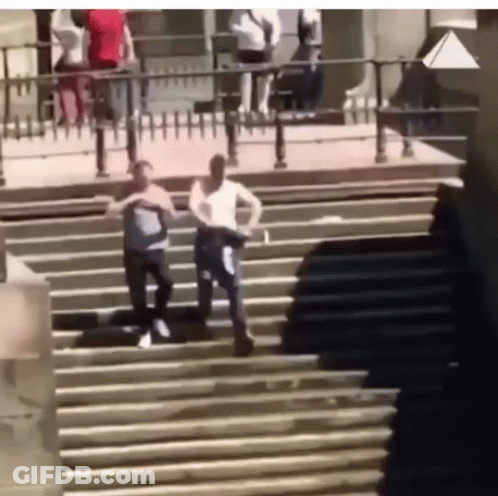 Two Men Walking Down Stairs With Fence GIF