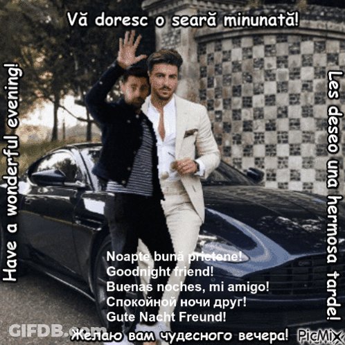 Two Men Waving In Front Of Car Have A Wonderful Evening GIF
