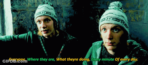 Two Men Wearing Beanies With The Words Everyone Where They Are What Theyre Doing Every Minute Of Every Day Written Below GIF