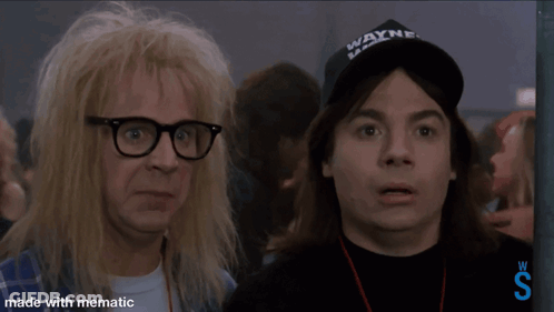 Two Men Wearing Glasses And A Hat That Says Wayne 'S World On It GIF