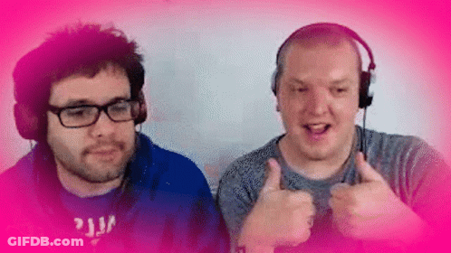 Two Men Wearing Headphones Are Giving A Thumbs Up Sign GIF