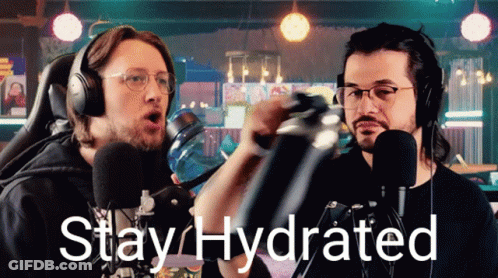 Two Men Wearing Headphones Are Playing A Video Game And The Words Stay Hydrated Are On The Bottom GIF