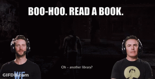 Two Men Wearing Headphones Are Standing Next To Each Other With The Words Boo-Hoo Read A Book GIF