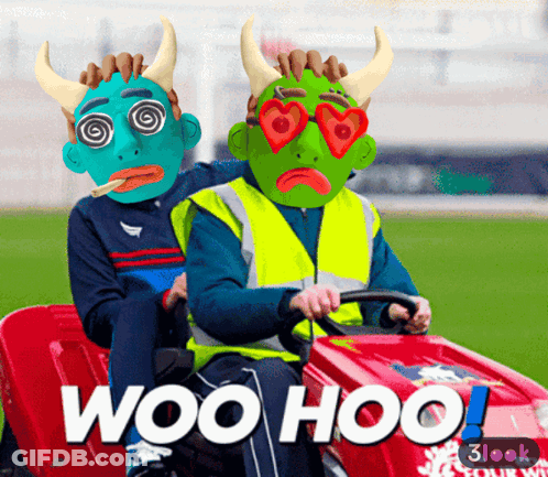 Two Men Wearing Masks Are Riding A Lawn Mower With The Words Woo Hoo Written On The Bottom GIF
