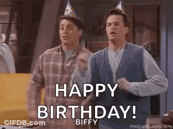 Two Men Wearing Party Hats Are Standing Next To Each Other And Shouting Happy Birthday . GIF