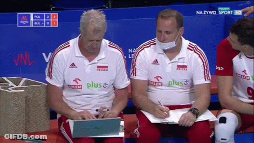 Two Men Wearing Polo Shirts With The Word Polska On It GIF