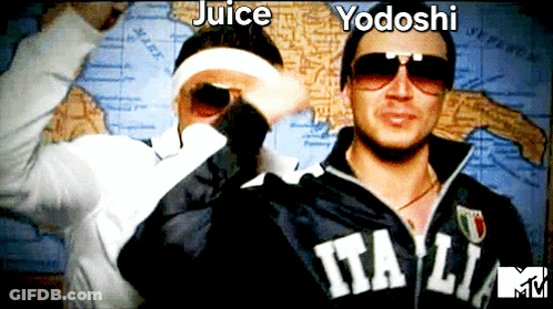 Two Men Wearing Sunglasses And A Jacket That Says Italia Are Posing For A Picture GIF