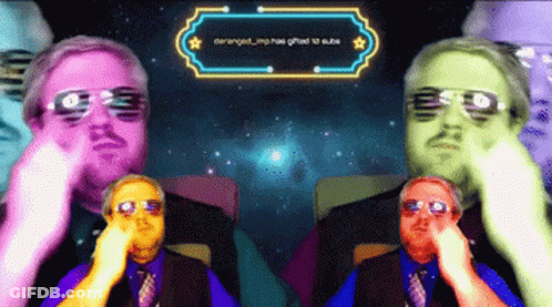 Two Men Wearing Sunglasses Are Sitting In Front Of A Neon Sign That Says Deranged_mp Has Gifted To Cube GIF