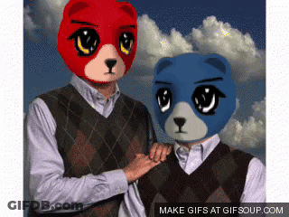 Two Men Wearing Teddy Bear Masks With Make GIFs At Gifsoup.com Below Them GIF