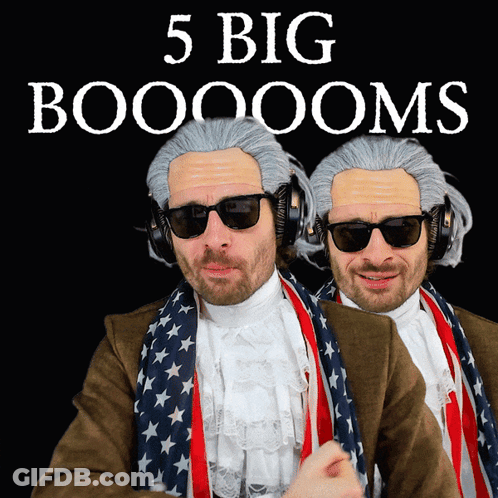 Two Men Wearing Wigs And Sunglasses With The Words 5 Big Boooooms Above Them GIF