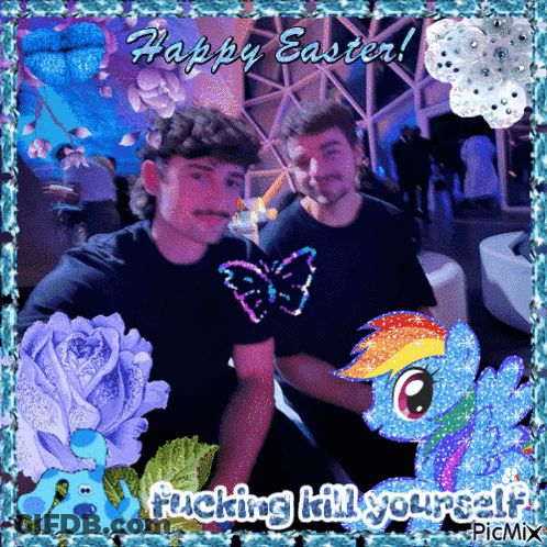 Two Men With Butterfly Shirts And Rainbow Dash Saying Happy Easter GIF