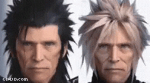Two Men With Different Hairstyles Are Standing Next To Each Other . GIF