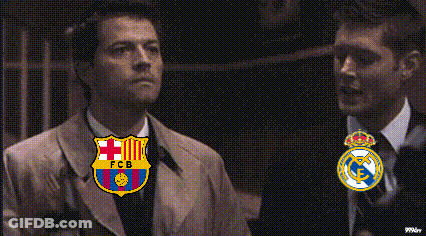Two Men With FCB And Real Madrid Logos GIF