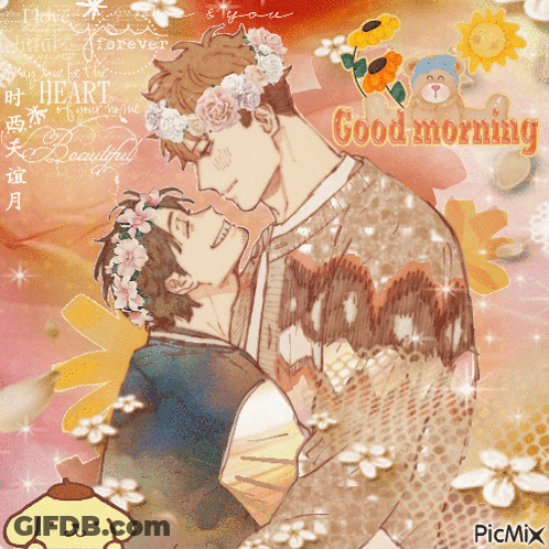 Two Men With Flowers On Heads Saying Good Morning GIF