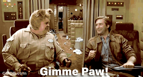Two Men With Gimme Paw Text GIF