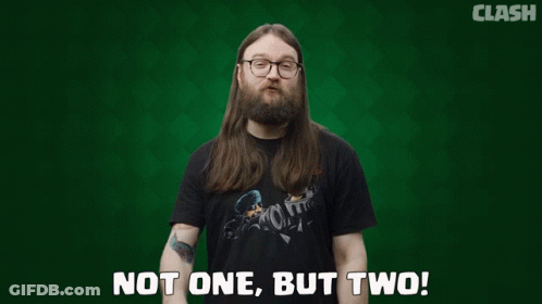 Two Men With Long Hair And Glasses Are Standing Next To Each Other With The Words " Not One But Two " On A Green Backgro GIF