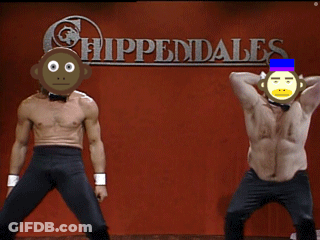 Two Men With Monkey Faces On Their Heads Stand In Front Of A Sign That Says Hippendales GIF