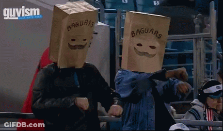 Two Men With Paper Bags Saying Baguars GIF