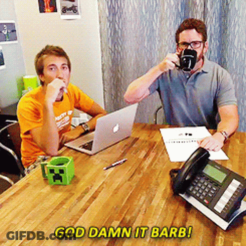 Two Men With Phone And Laptop Saying God Damn It Barb GIF