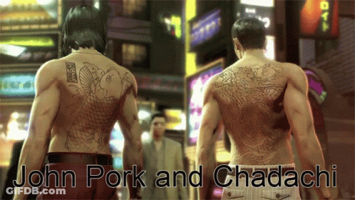 Two Men With Tattoos On Their Backs Standing Next To Each Other With The Words John Pork And Chadachi Below Them GIF