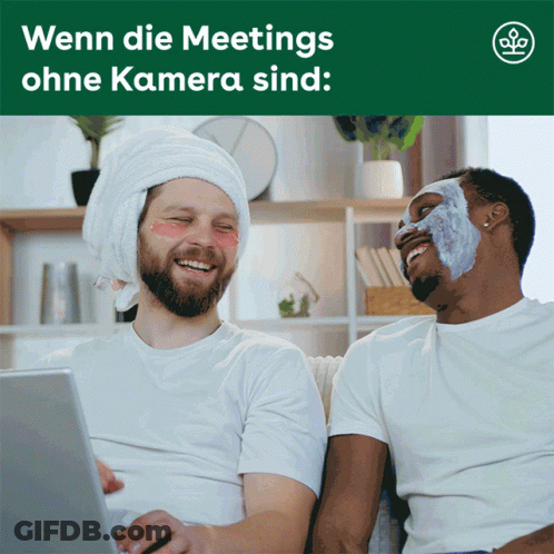 Two Men With Towels On Heads Laughing At Laptop Wenn Die Meetings Ohne Kamera Sind GIF