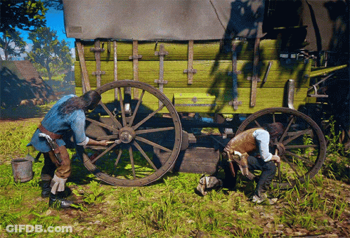 Two Men Working On Wagon Wheel In Video Game GIF