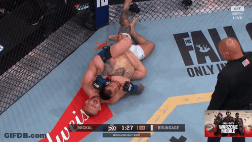 Two Men Wrestling In Boxing Ring With Budweiser Ad GIF