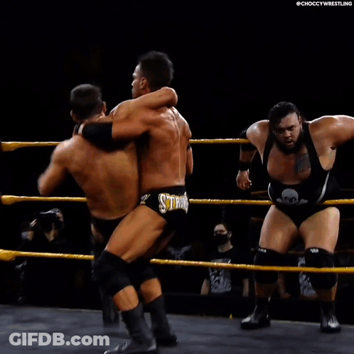 Two Men Wrestling In Ring One Wearing Reigns Short GIF