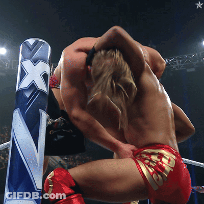 Two Men Wrestling In Ring With Blue X On Post GIF
