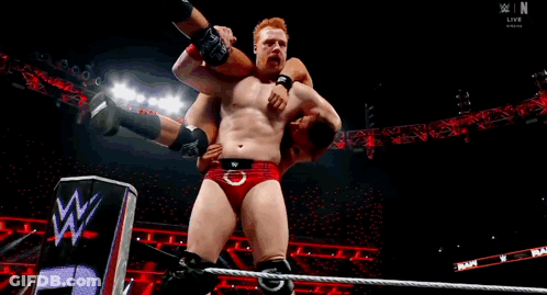 Two Men Wrestling In Ring With Crowd GIF
