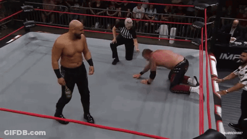 Two Men Wrestling In Ring With IMF On Wall GIF
