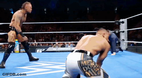 Two Men Wrestling In Ring With Mr. Do Me Patch GIF